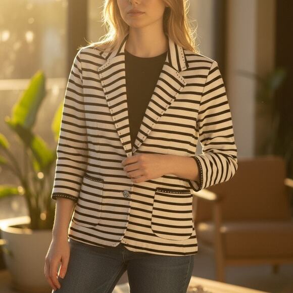 AVV Standard Michel Clan Blazer US S 38 Black Striped Knit Jacket Career Luxury - Picture 1 of 13